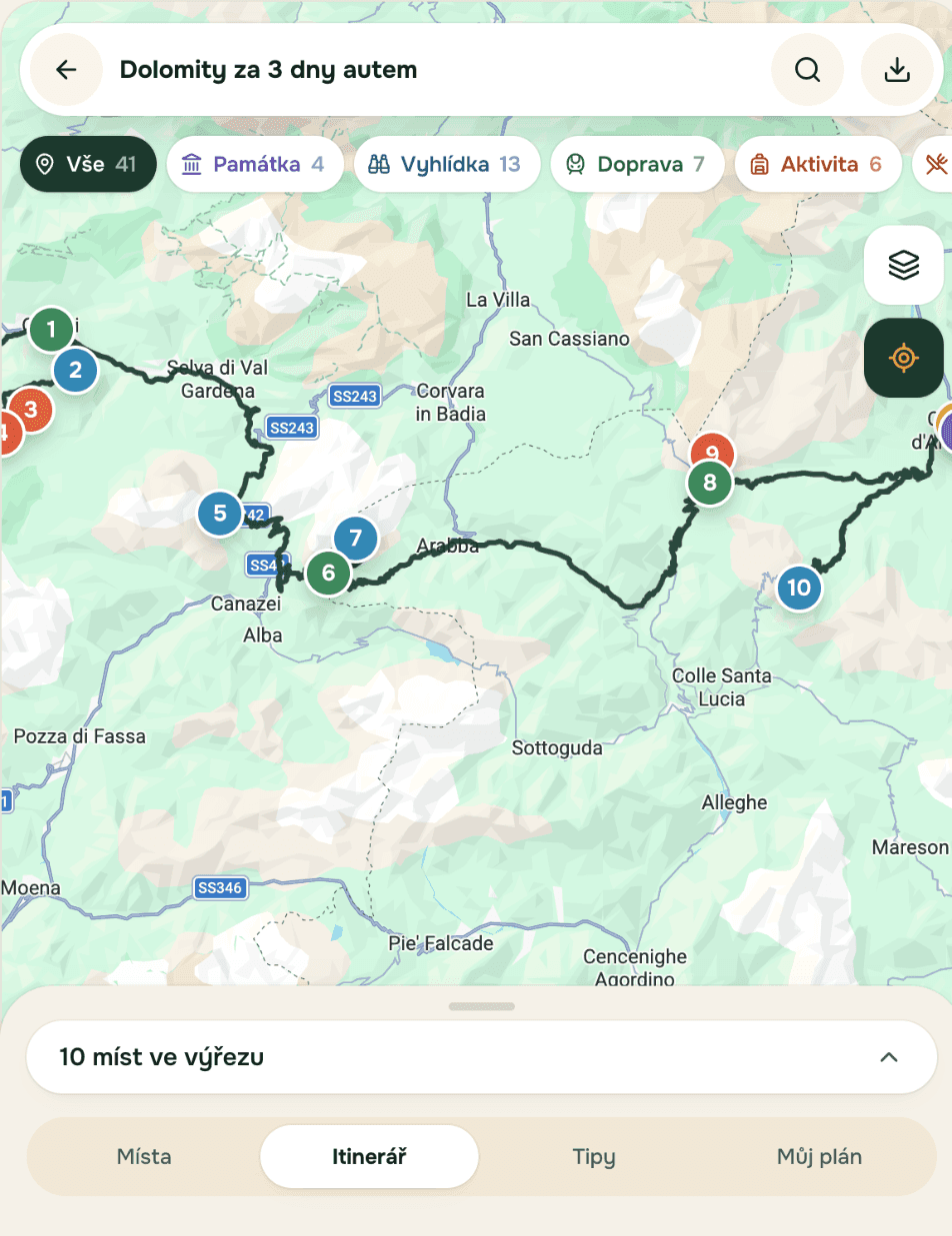 Průvodce Dolomity za 3 dny autem: druhý den itineráře vykreslený po silnicích, deset očíslovaných zastávek
