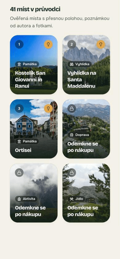 Místa průvodce Dolomity za 3 dny autem s fotkami: kostelík v Ranui, vyhlídka na Santa Maddalenu, Ortisei